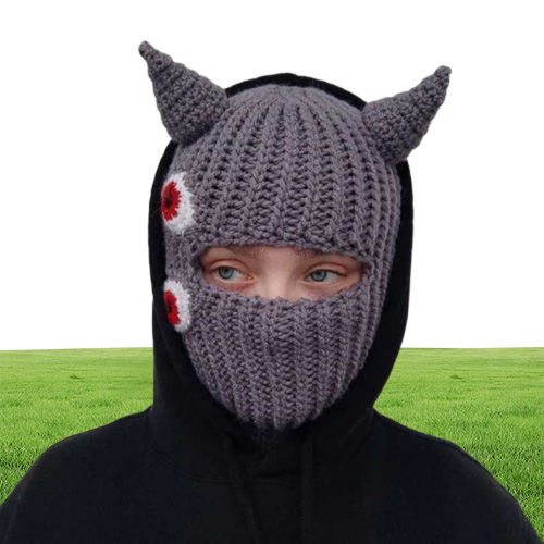 Cycling Caps Masks Halloween Funny Horns Creative Knitted Hat Beanies Warm Full Face Cover Ski Mask Hat Windproof Balaclava Hat fo