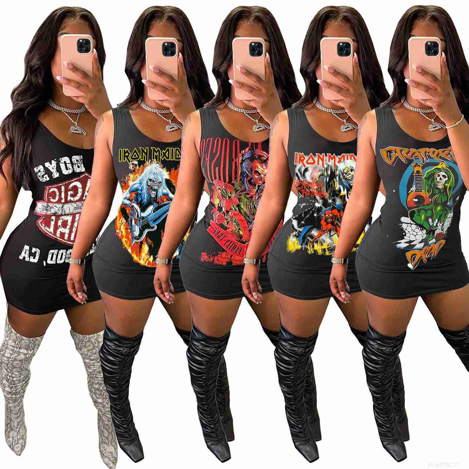 2022 summer women new fashion printing casual dresses for sexy vest black dress