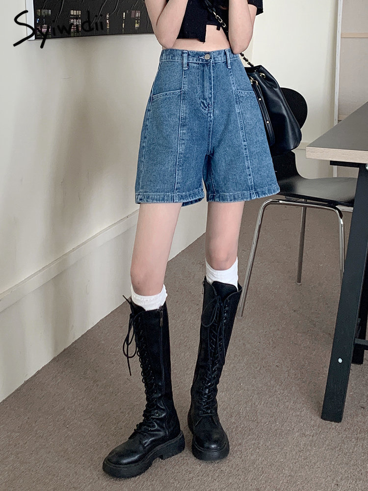 Women's Shorts Syiwidii denim Shorts Women's High Waist Jeans Retro Street Costume Patches Fashion Loose Pockets High Street Blue Shorts 230
