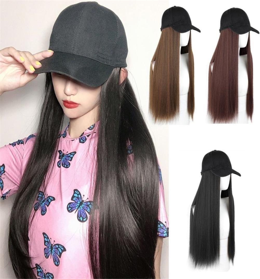 Fashion Women Knit Hat Baseball Cap Wig Straight Long Hair Big Wavy Curly Hair Extensions Girls Beret New Design Simulation Hair Y