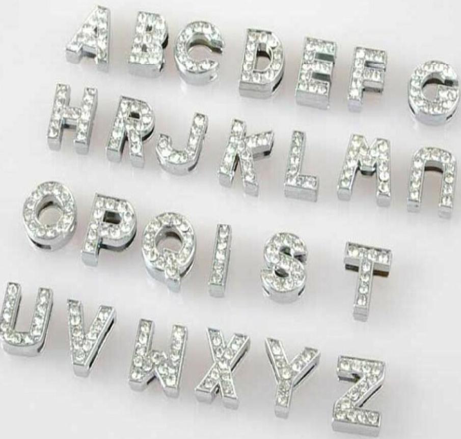 Whole 10mm 130pcslot AZ full rhinestones Slide letters DIY Alphabet Charm Accessories fit for 10mm pet collar keychains
