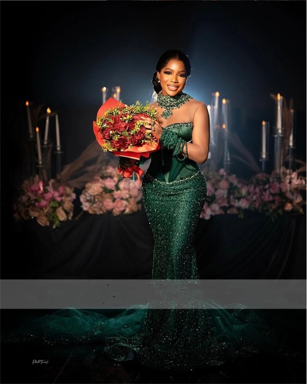 Emerald Green Aso Ebi Beaded Mermaid Prom Dresses For Elegant Bridal Party With Headdress African Crystal Special Ocn Gowns Vestidos B0312