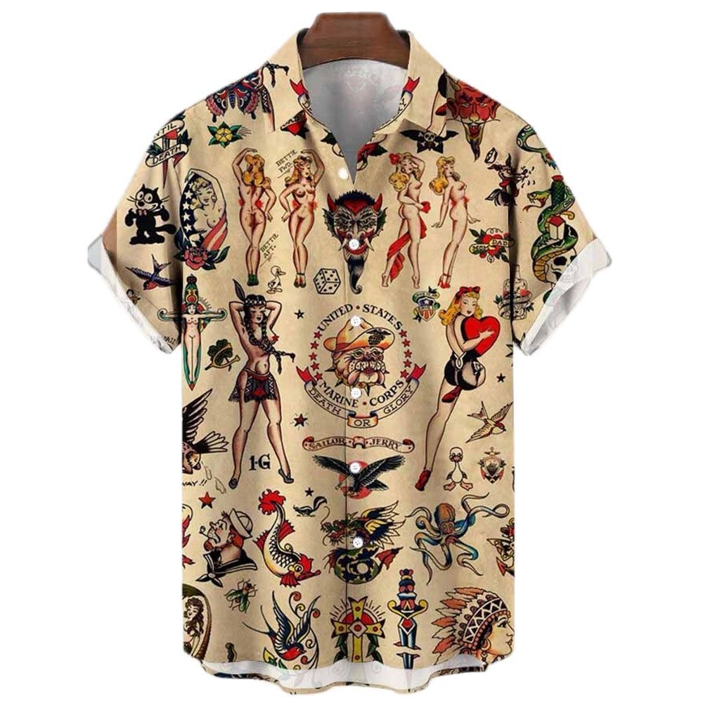 Men's Casual Shirts Summer Japanese Style Printed Shirt for Men Tattoo Hawaiian Men's Shirt Classic Short Sleeve Top Y2k Harajuku Men's