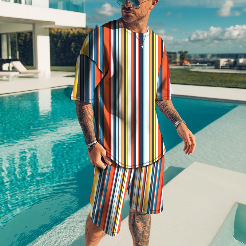 Men's Tracksuits Black and white striped T-shirt set fashionable men's track set short sleeved T-shirt ultra-thin 6XL casual street clothing
