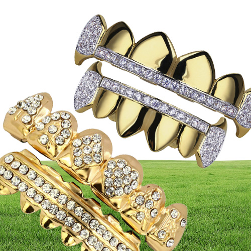 18K Real Gold Punk Hiphop CZ Zircon Poker Letters Vampire Teeth Fang Grillz Diamond Grills Braces Tooth Cap Rapper Jewelry for Cos