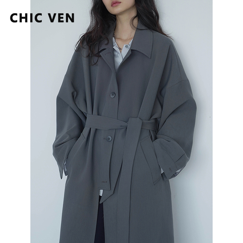 Women's Trench Coats CHIC VEN Long Coat Singlebreasted Casual Belted Waist Women Windbreaker Overcoat Female Cloth Spring Autumn 230404