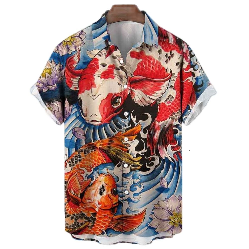 Men's Casual Shirts Summer Japanese Style Printed Shirt for Men Tattoo Hawaiian Men's Shirt Classic Short Sleeve Top Y2k Harajuku Men's
