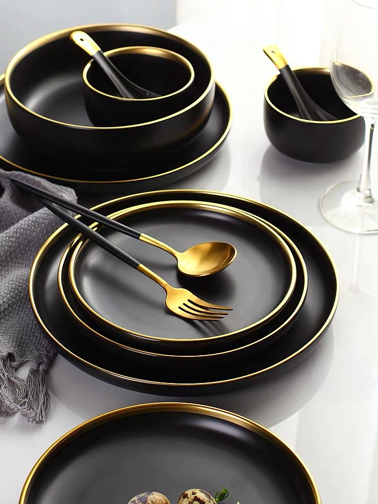 Nordic Golden Stroke Ceramic Plate Hotel Table Decoration Steak Black Dinner Plates Salad Dishes Western Cuisine Tableware Set
