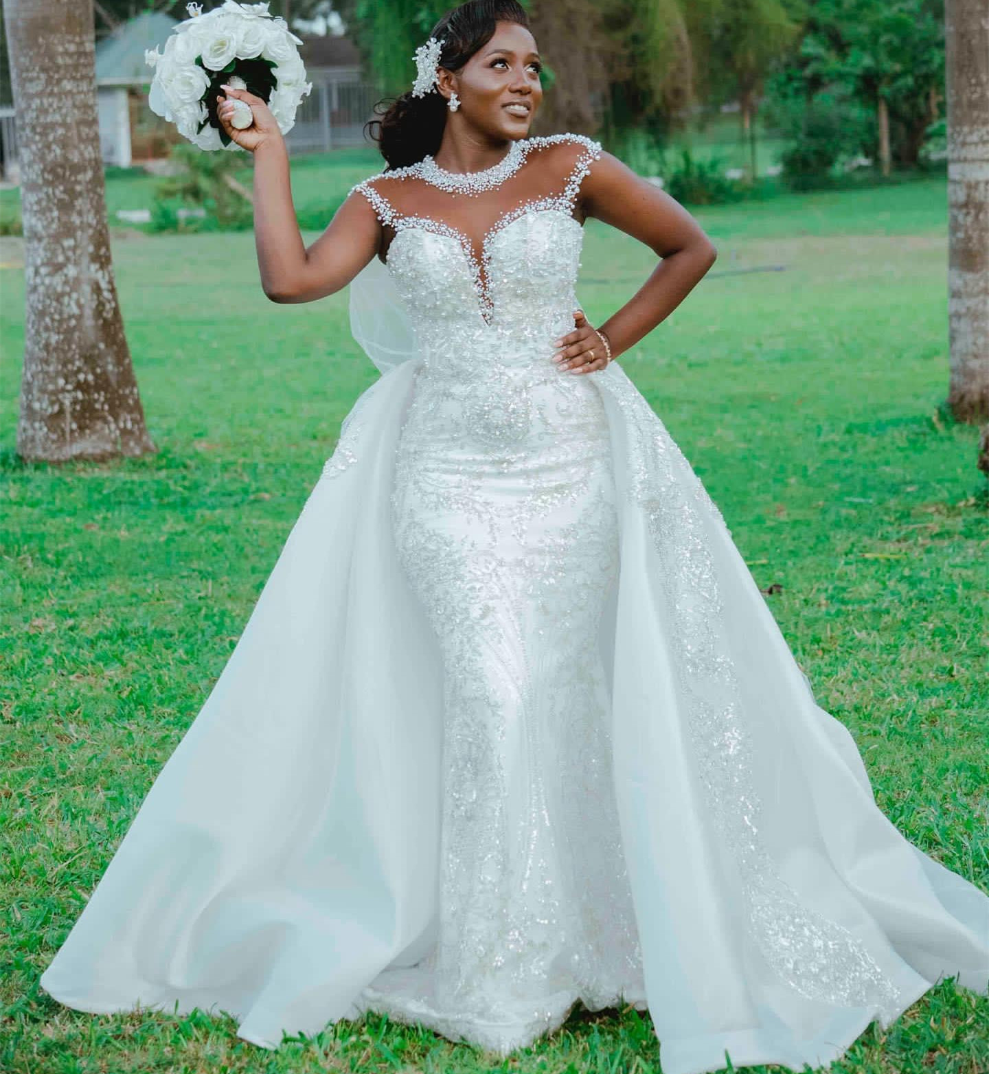 2023 Nov Arabic Aso Ebi Plus Size White Mermaid Wedding Dress Pearls Sequined Lace Detachable Train Bridal Gowns Dresses ZJ505