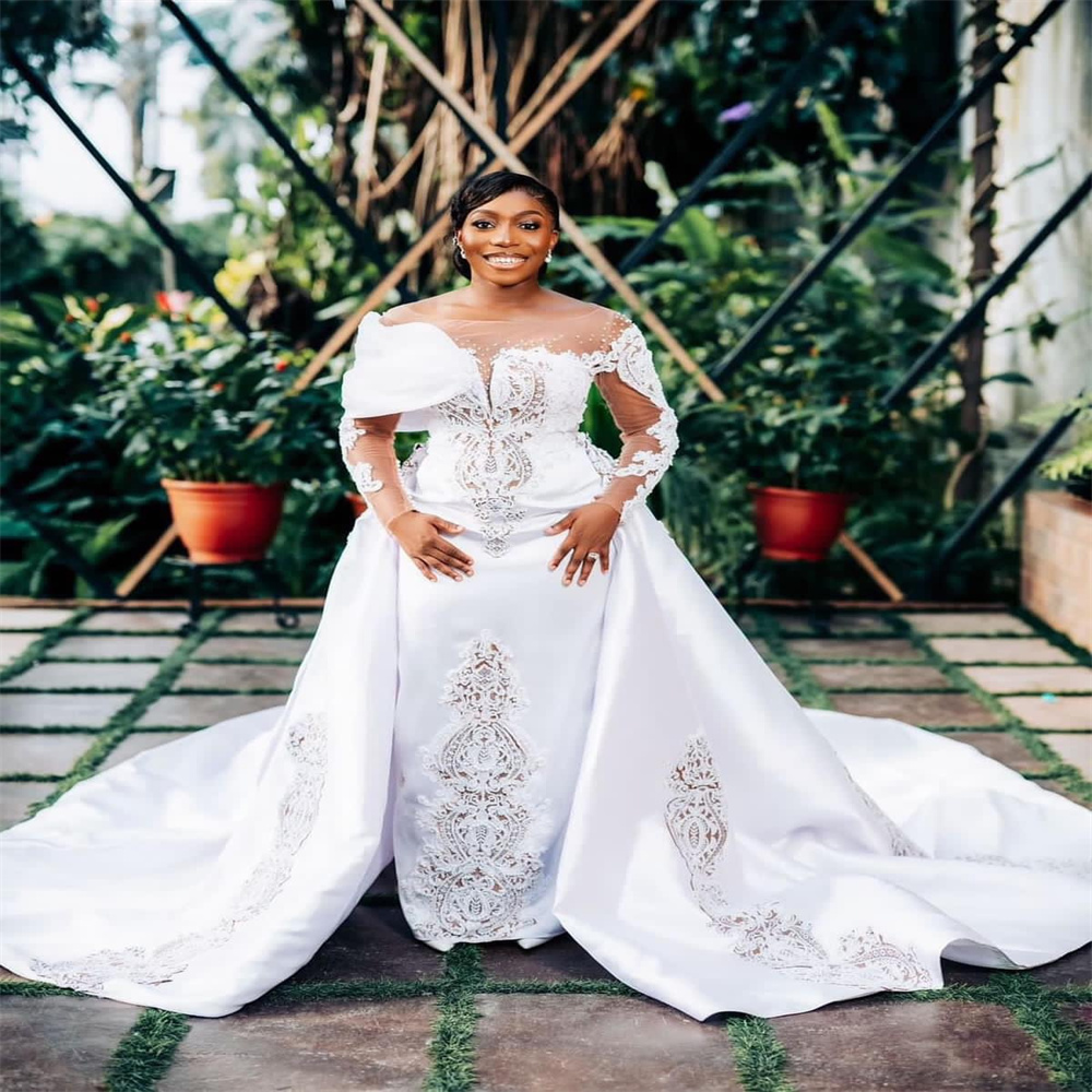 2023 Nov Arabic Aso Ebi Plus Size Lace Mermaid White Wedding Dress Beaded Detachable Train Bridal Gowns Dresses ZJ223