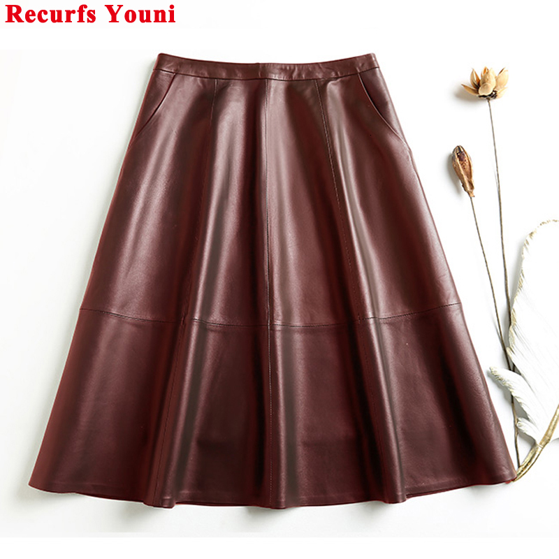 Skirts Vintage Ropa Winter Women's Leather Thin A-line Pleated Leather Women's Wine Red/Black 65cm Long Jupe Drone Leisure Etek Steel 230406