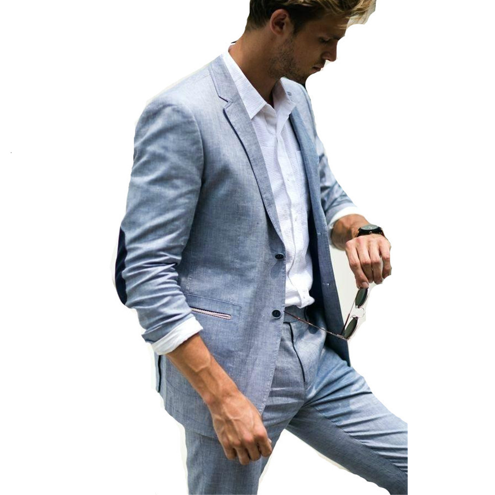 Men's Suits Blazers Smoking Blue Linen Men's Classic Summer Jacket Men's Wedding Intelligent Leisure Beach Prom Jacket Ultra Thin Jacke