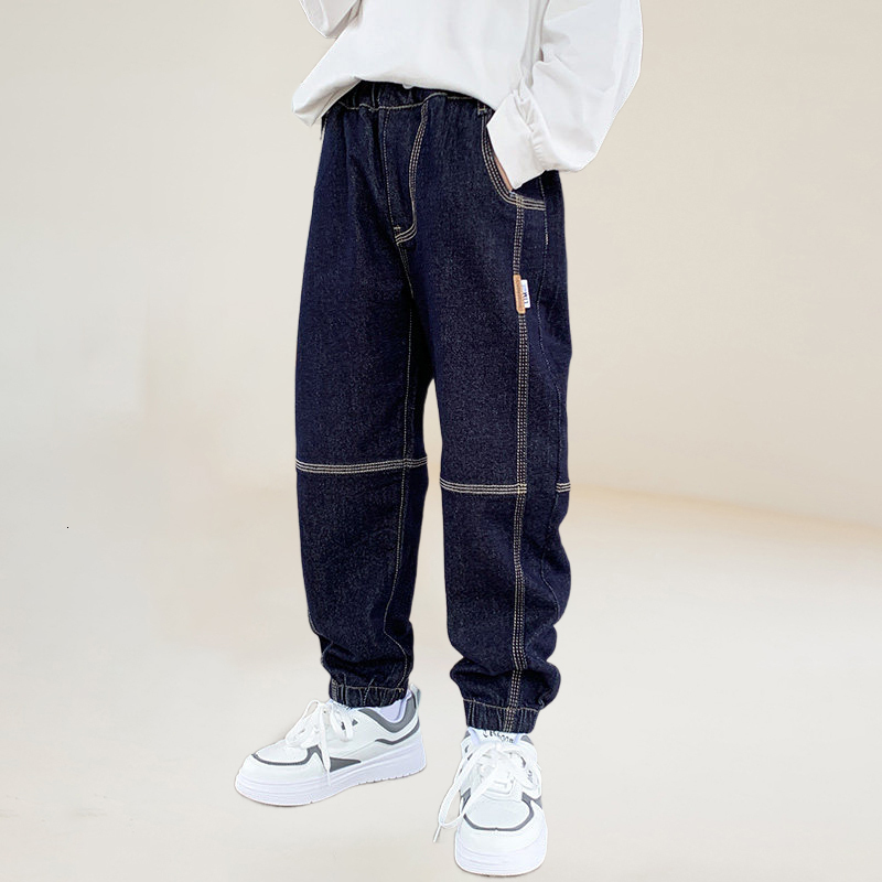 Jeans Boys' sewing details patched with elastic cuffs ankles jeans big boys' spring and autumn jeans dark blue pants fashionable casual clot