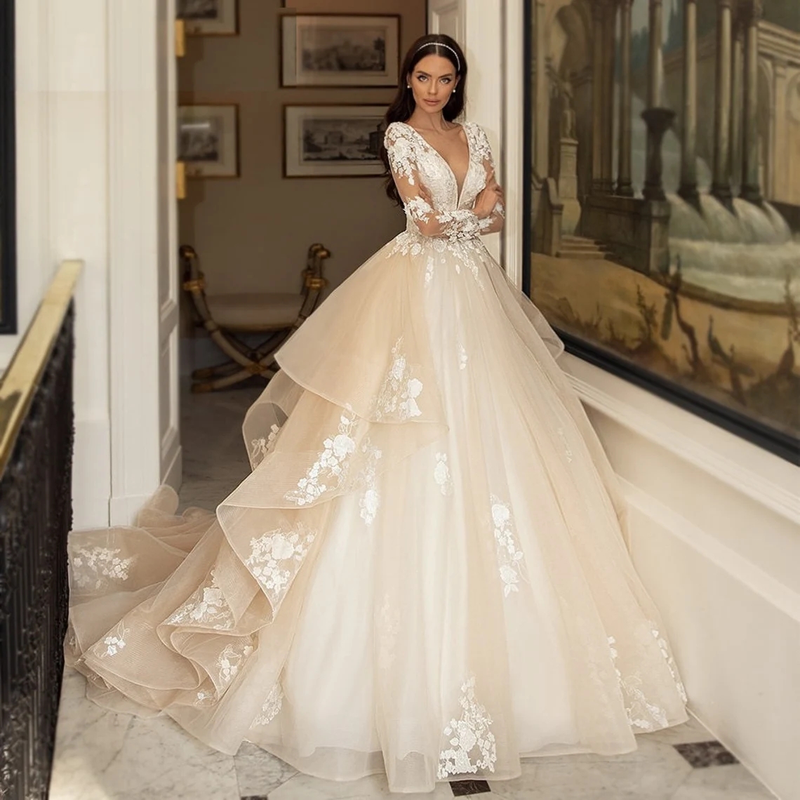 Wedding Dresses V Neck Long Sleeves Tulle Bridal Gowns Lace Appliques Brides Dress For Women Robe De 6660312