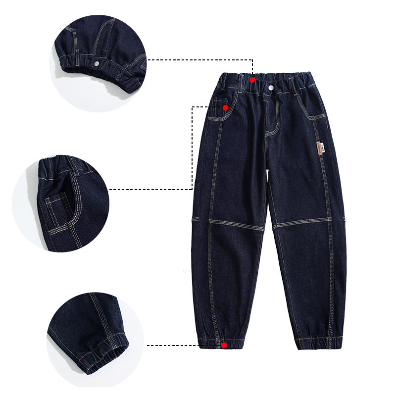 Jeans Boys' sewing details patched with elastic cuffs ankles jeans big boys' spring and autumn jeans dark blue pants fashionable casual clot