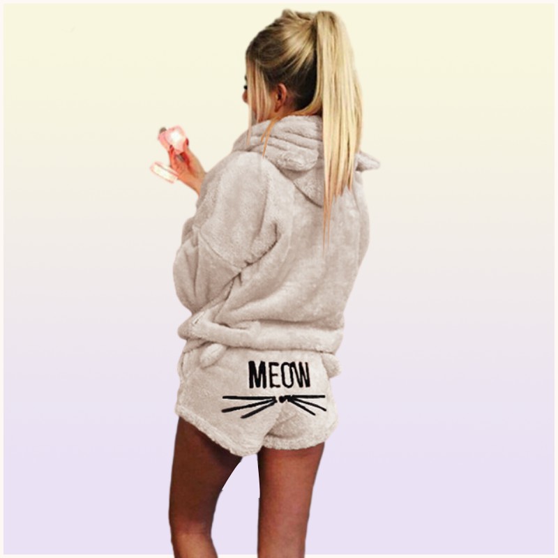 Women Winter Short Pajamas Hooded Designer Pyjama Set Hoodie Cat Print Shorts Pants Outfits Causal Pajamas Clothes Sets Home Cloth8196020