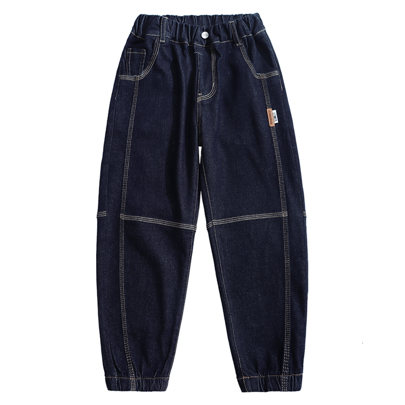 Jeans Boys' sewing details patched with elastic cuffs ankles jeans big boys' spring and autumn jeans dark blue pants fashionable casual clot