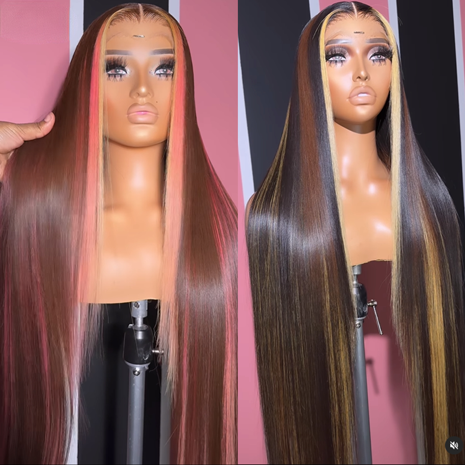 Free shipping Brazilian Highlight Pink Brown Colored Front Human Hair Pre Plucked for Women Transparent Lace 360 Synthetic Frontal Wig