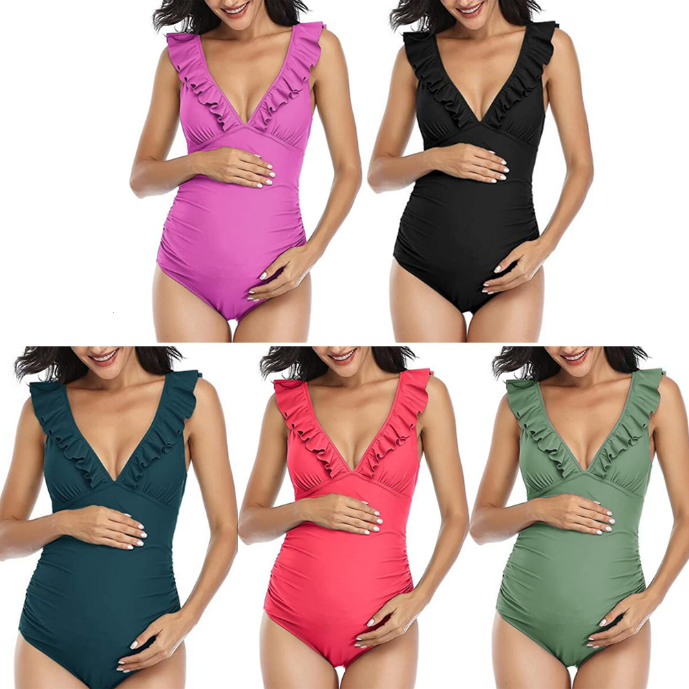 Maternity Swimwears Maternity Swimsuit Ruffle V Neck Swimwear Lace Up Back Bathing Suit Monokini Maternity Beach Bikini SPA 230404