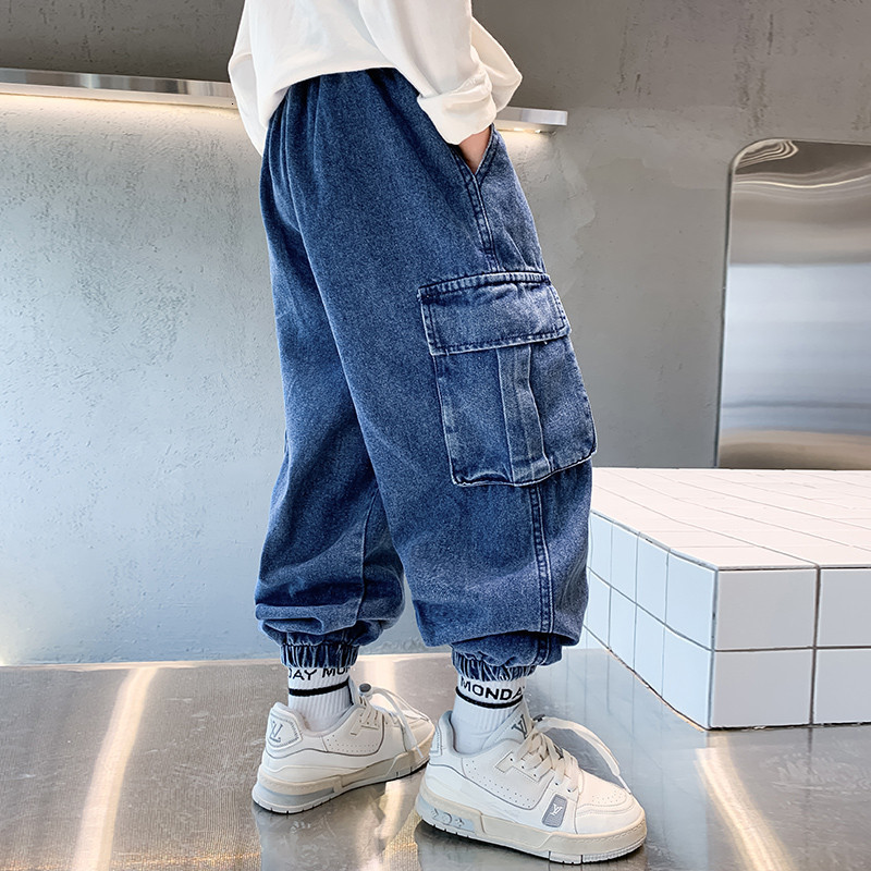 Jeans Spring Cool Boy Blue Loose Straight Leg Backyard Jeans Children's Goods denim Trousers with Pockets 5 7 9 11 13 14Y 230406