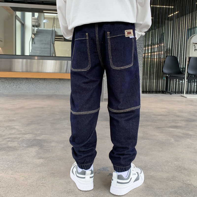 Jeans Boys' sewing details patched with elastic cuffs ankles jeans big boys' spring and autumn jeans dark blue pants fashionable casual clot