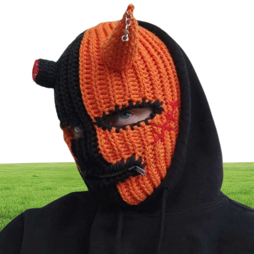 Cycling Caps Masks Halloween Funny Horns Creative Knitted Hat Beanies Warm Full Face Cover Ski Mask Hat Windproof Balaclava Hat fo