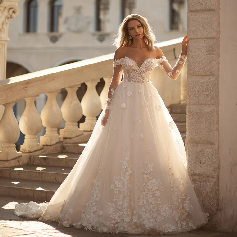 Modern Off the Shoulder A Line Wedding Dresses Long Sleeve 3D Lace Appliques Bridal Gown Backless Pastrol Vestidos De Novia
