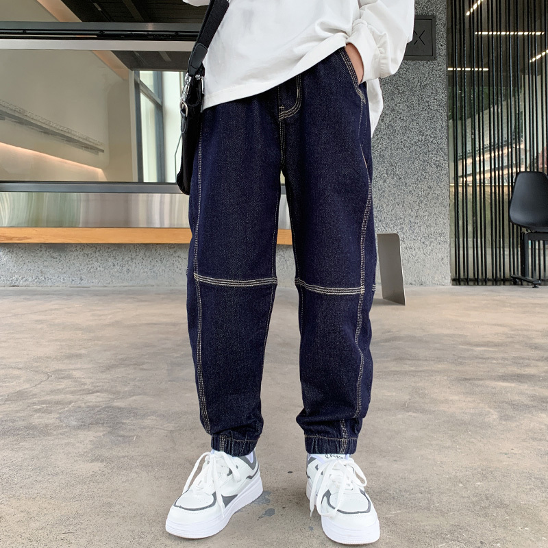 Jeans Boys' sewing details patched with elastic cuffs ankles jeans big boys' spring and autumn jeans dark blue pants fashionable casual clot
