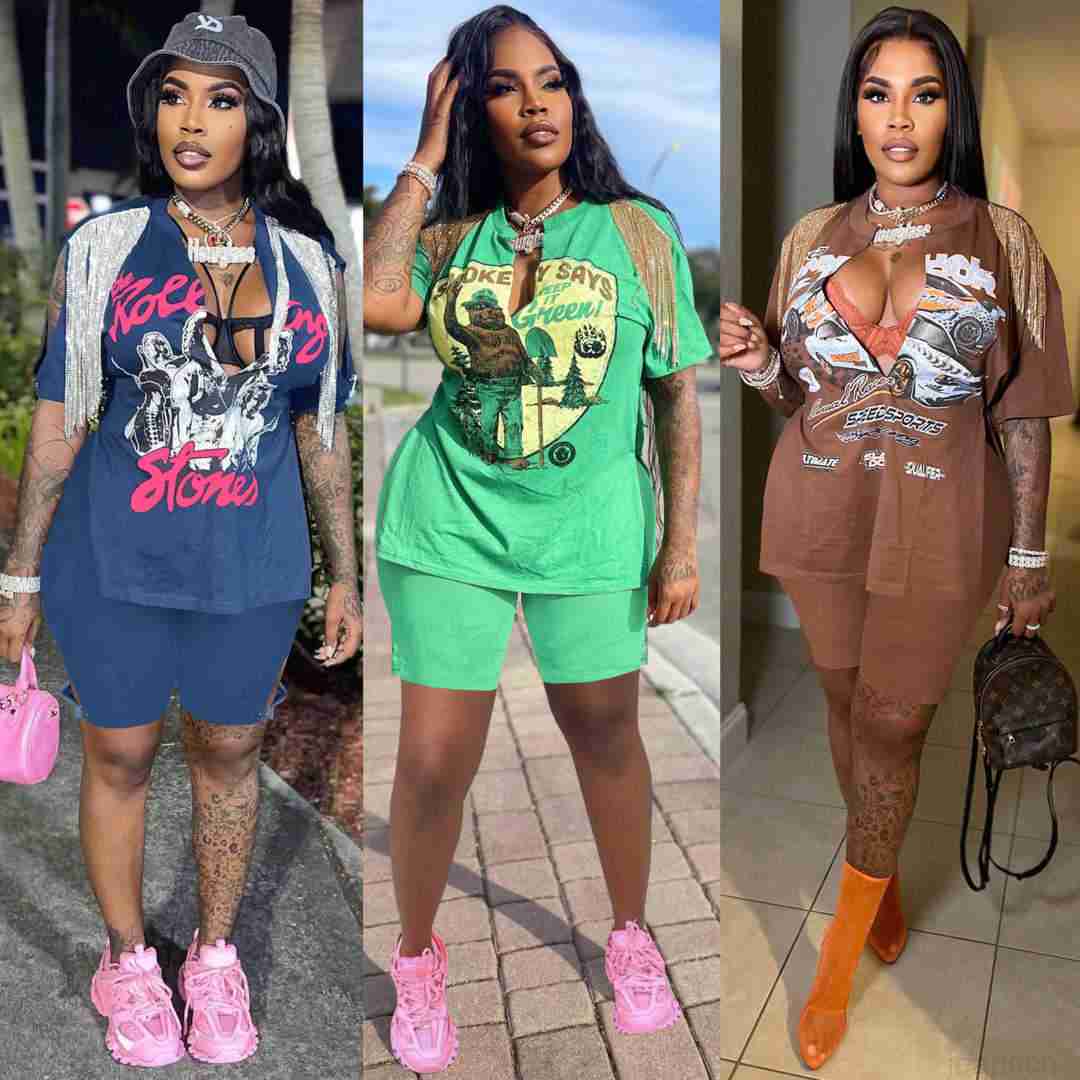 women' summer new print hip hop Street split tassel short sleeve T-shirt Shorts Set, Brown
women' summer new print hip hop Street split tassel short sleeve T-shirt Shorts Set, Brown