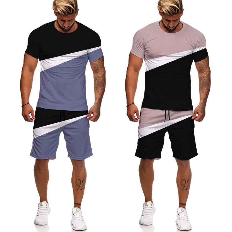 Men's Tracksuits Summer Printed Patchwork Casual Men's Tees/Shorts/Suit Short Sleeve T-Shirt Couple Sportswear Two Piece Set Casual Tracksui