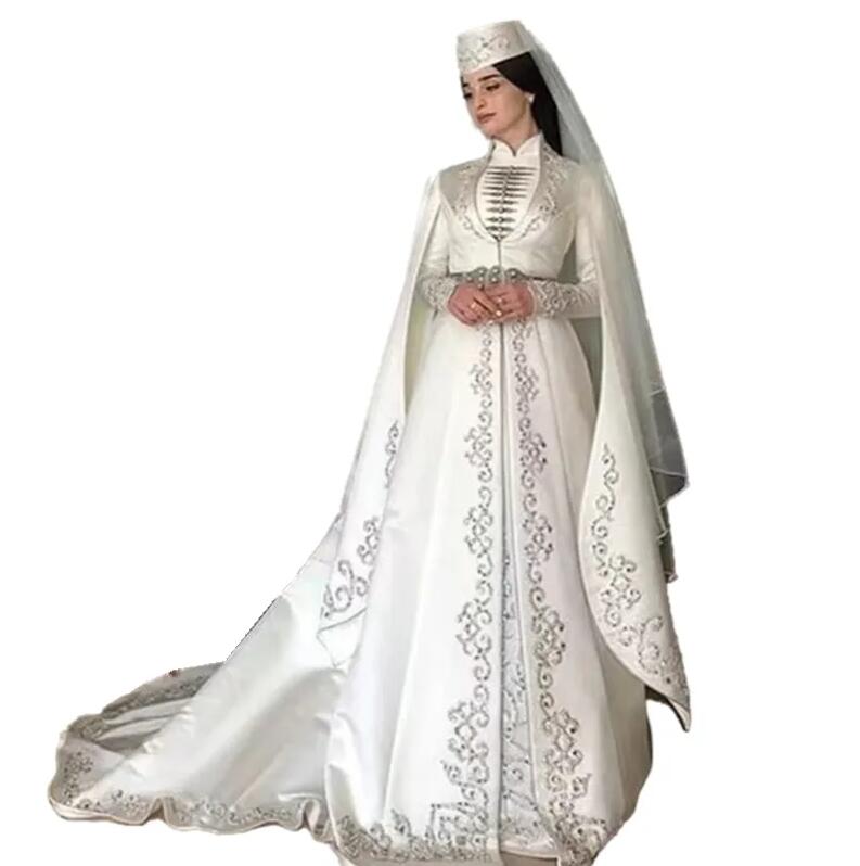 Caucasus Circassian Wedding Dress Long Sleeves Capped Embroidery Beaded Satin muslim caftan Bridal Gowns High Neck