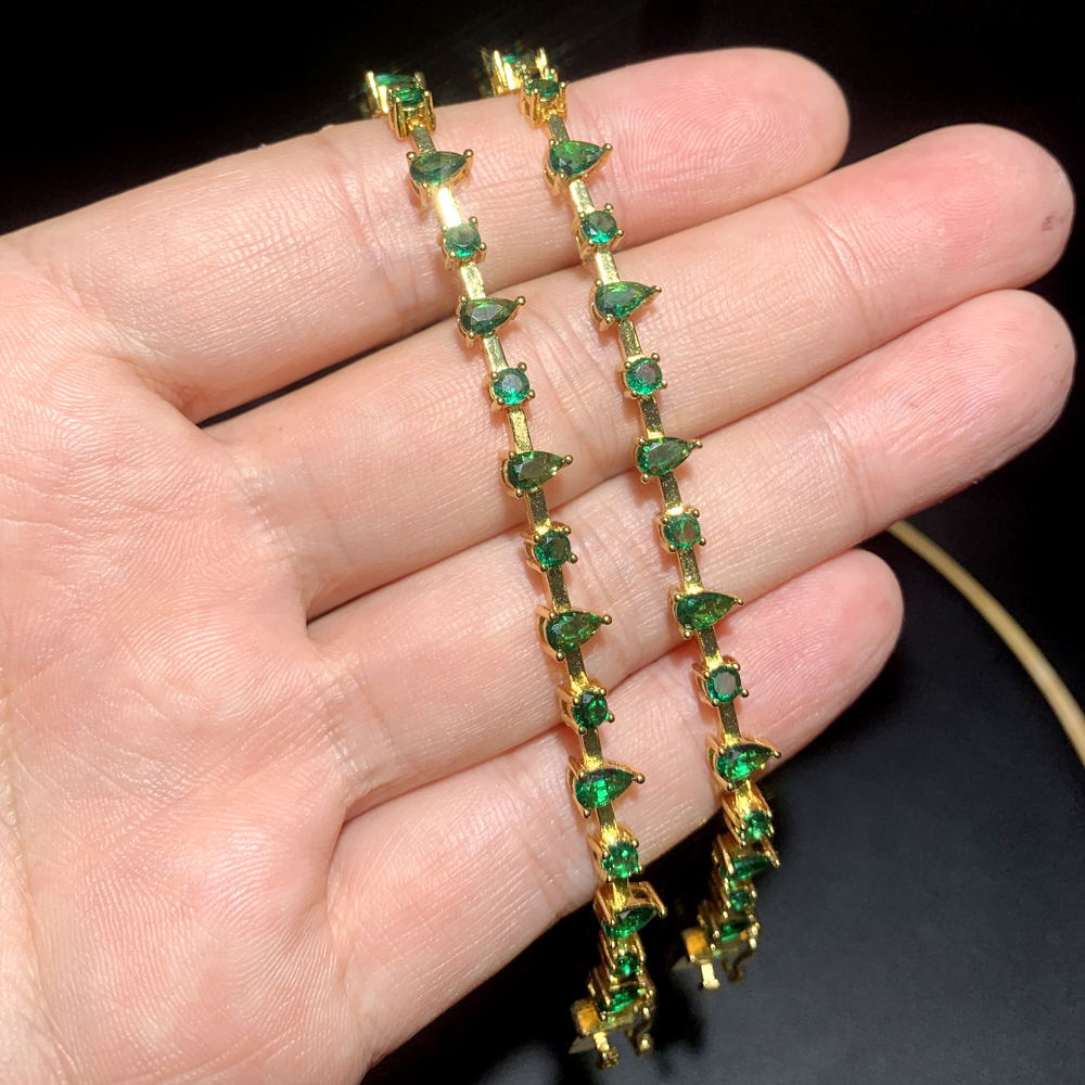 Lovely Multi Green Water Drop Round Zircon Bangle Elegant Bracelet Earrings Hip Hop Gold Plated Paved Cubic Zirconia Women Party Gift Wholesale Jewelr