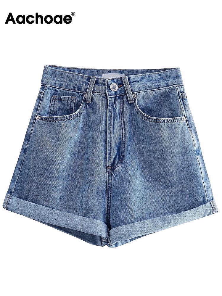 Women's Shorts Aachoae Summer Casual Solid Color Denim Shorts Women High Waits Zipper Fly Pants Ladies Fashion Chic Shorts Mujer Pantalon 230503