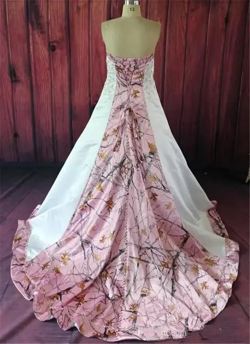 Vintage Elegant Pink Camouflage Wedding Dresses With Embroidery Beaded Applique Satin Sweetheart Camo Corset Back Bridal Gowns Vestidos De Noiva HD100
