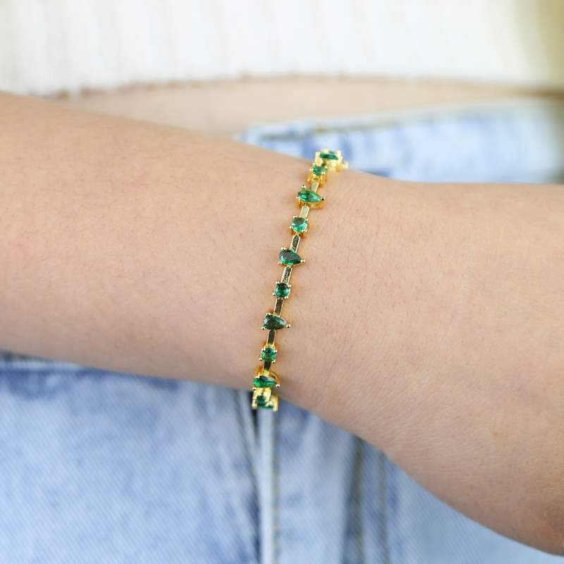 Lovely Multi Green Water Drop Round Zircon Bangle Elegant Bracelet Earrings Hip Hop Gold Plated Paved Cubic Zirconia Women Party Gift Wholesale Jewelr