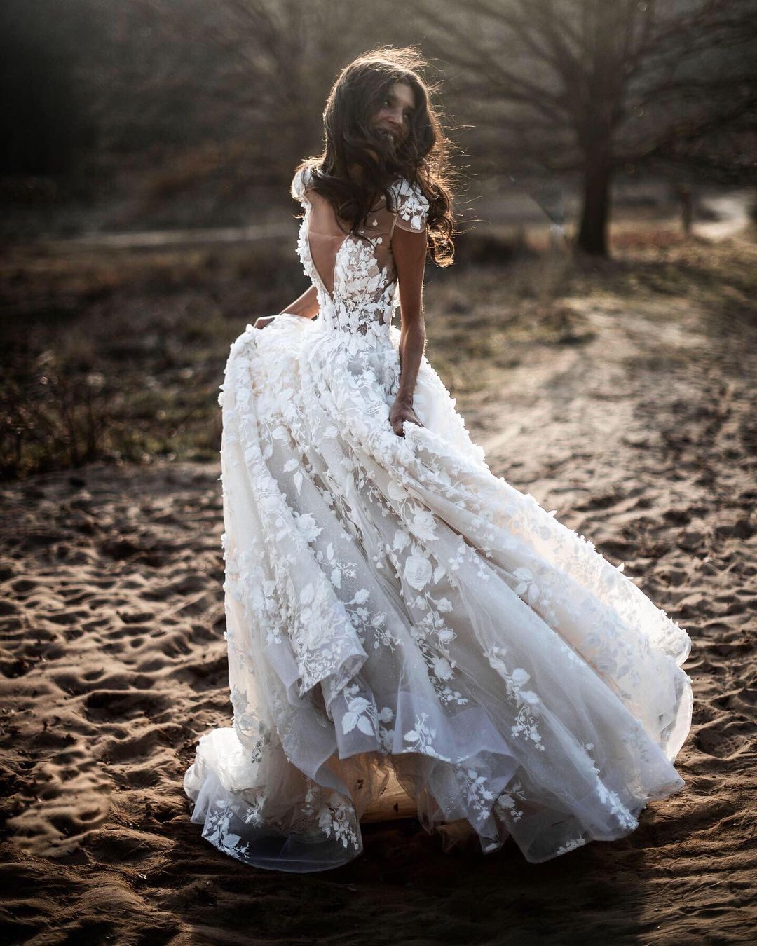 Boho Wedding Dress with Illusion V Neck and Cap Sleeves, Vintage Bridal Gowns