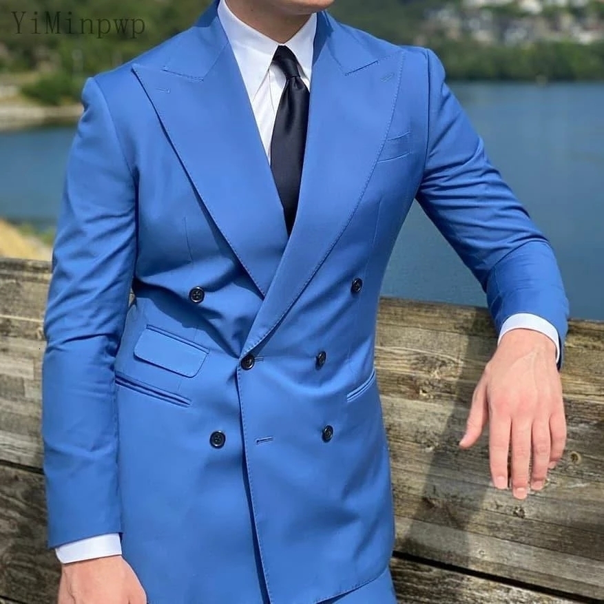 Men's Suits Blazers Double Breast Roaly Blue Men's Business Set Slim Fit Men's Tuxedo Groom Wedding Set 2-Piece Peaked Polo Jacket Jack