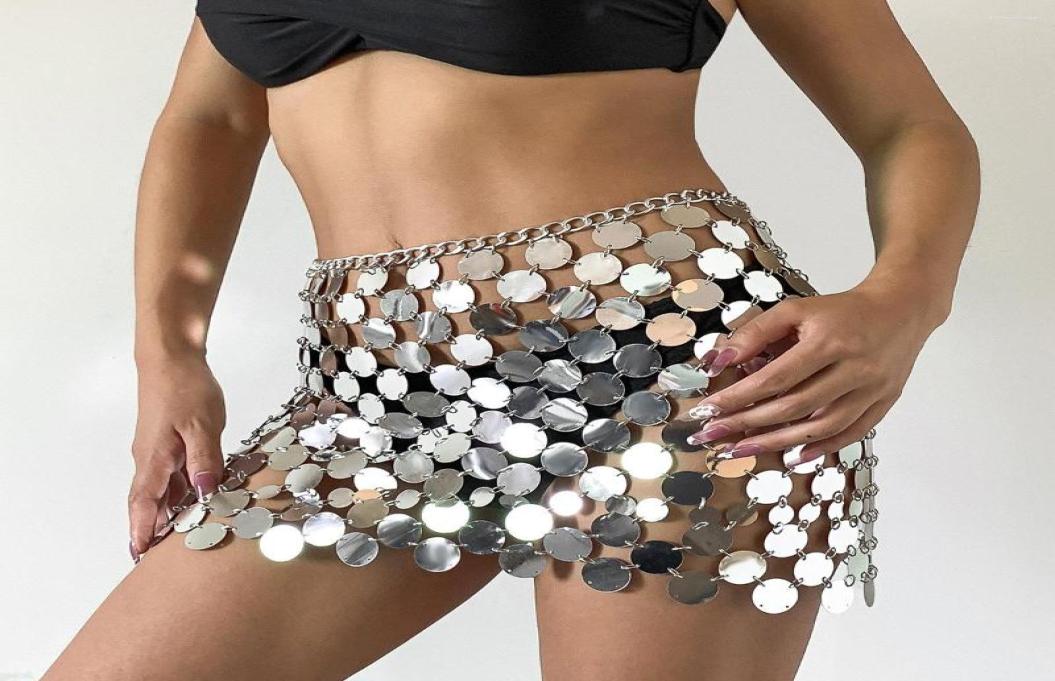 Skirts Handmade Chain Mail Mini Skirt Women Metal Mirror Disc Miniskirt Black Paillette Sequins Body Nightclub Party