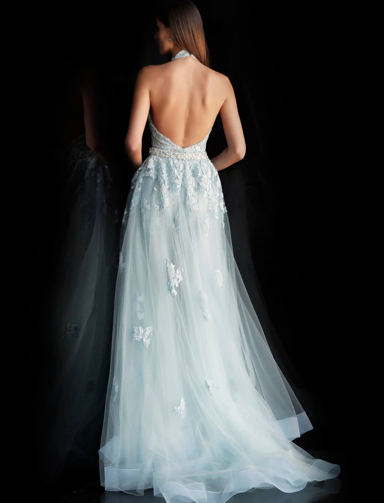 Women Lace Jumpsuits Prom Dresses With Detachable Train Sleeveless Halter Neck Backless Sexy Formal Evening Gowns Light Blue Bride Reception Elopement