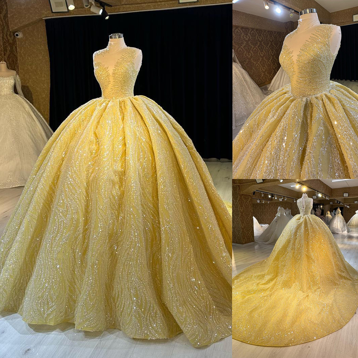 Gorgeous Ball Gown Wedding Dresses Deep Art Deco-inspired Neck Sleeveless Shining Applicants Chapel Gown Pleats Custom Made Bridal Gown Plus Size Vest
