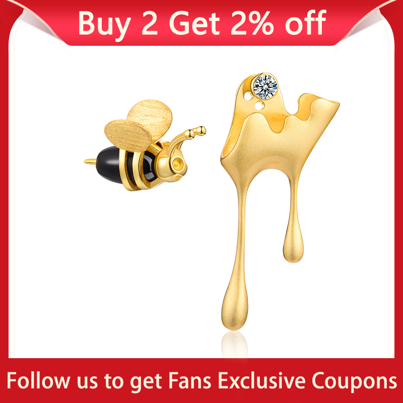 Stud Lotus Fun Real 925 Sterling Silver Handmade Fine Jewelry 18K Gold Bee and Dripping Honey Asymmetric Stud Earrings for Women Gift 230404