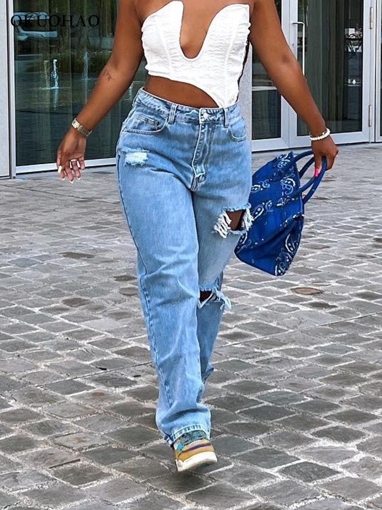 Women's Jean Summer High Waist Ripped Jeans Vintage Baggy Straight Wide Leg Pants Fashion Comfy Boyfriend Denim Trousers Y2k Style 230404
