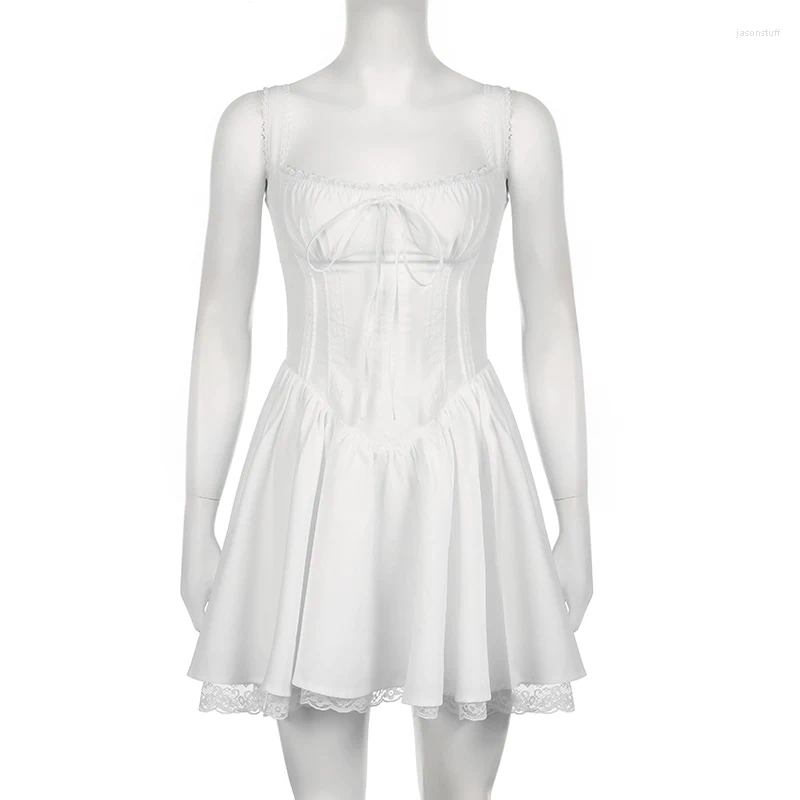 Casual Dresses Y2K Fairy Coquette White Mini Dress 90s Vintage Lace Trim Corset A-line Elegant Women Sexy Birthday Party Sweet V