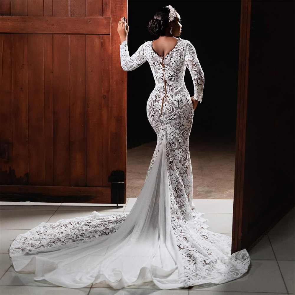 2023 Nov Arabic Aso Ebi Plus Size Lace Mermaid White Wedding Dress Beaded See Through Bridal Gowns Dresses ZJ222