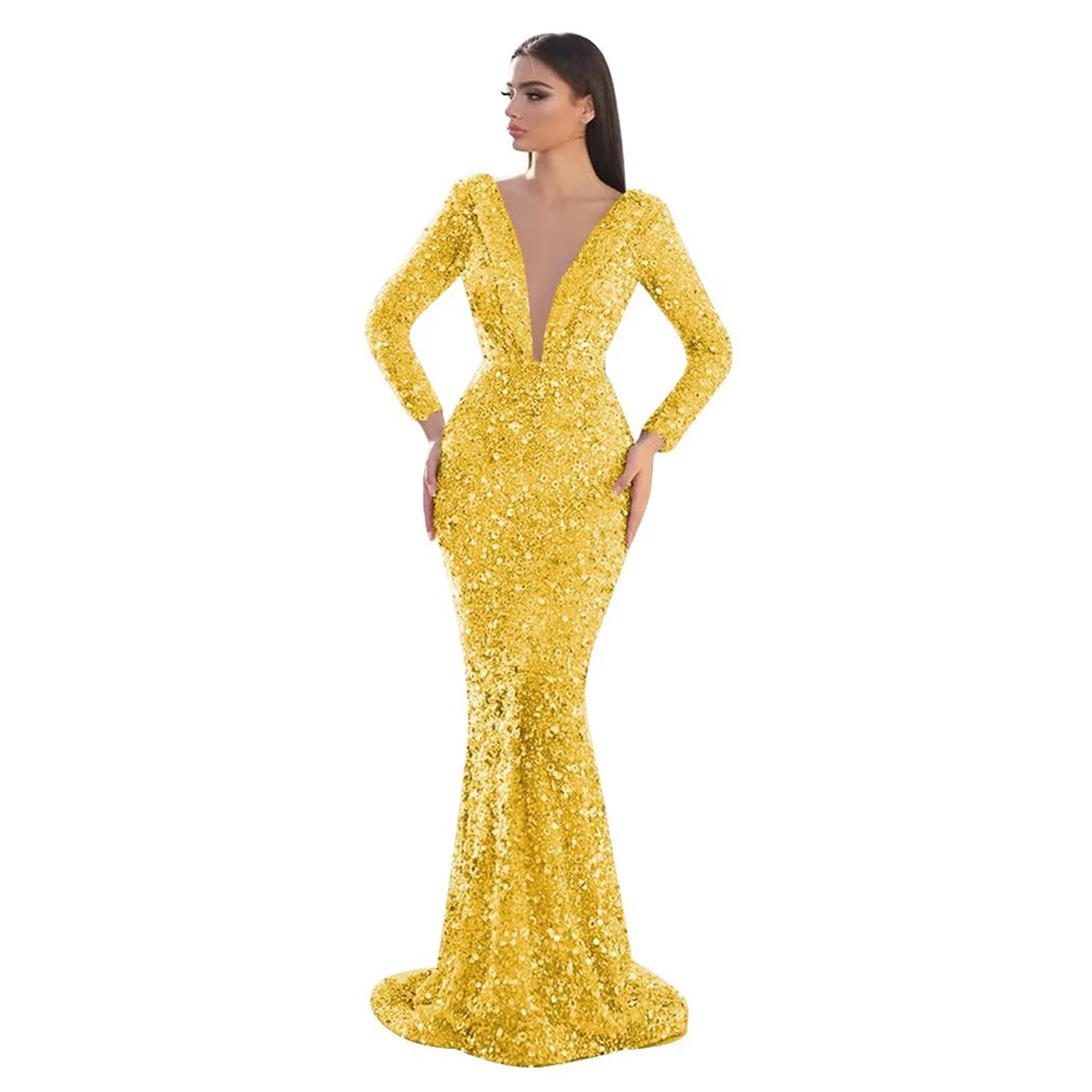 Evening Glitter Mermaid Dresses Beading Sequins Long Sleeve Prom Gowns Deep V Neck Party Second Reception Dress 6660306