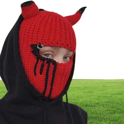 Cycling Caps Masks Halloween Funny Horns Creative Knitted Hat Beanies Warm Full Face Cover Ski Mask Hat Windproof Balaclava Hat fo