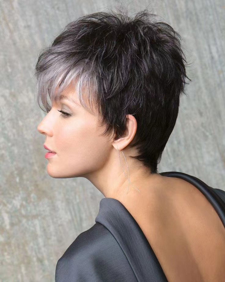 Short gray human hair wigs salt and pepper silver grey wig with long fringe bangs spiky top for an edgy 4x4 hd lace closure glueless pixie bob hairsty