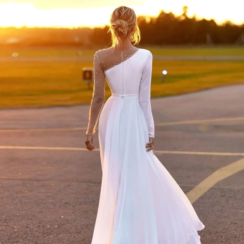 Sexy Long Sleeves Beach Wedding Dress Illusion Pearls Beaded Boho Chiffon Mariage Bridal Gowns With Side Split A-Line Robe De Mariee