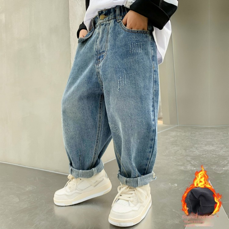 Jeans Boys' Jeans Spring Blue Fashion Full Match Children's Casual Pants Winter Wool Thick Children's Trousers 10 12 13 230406