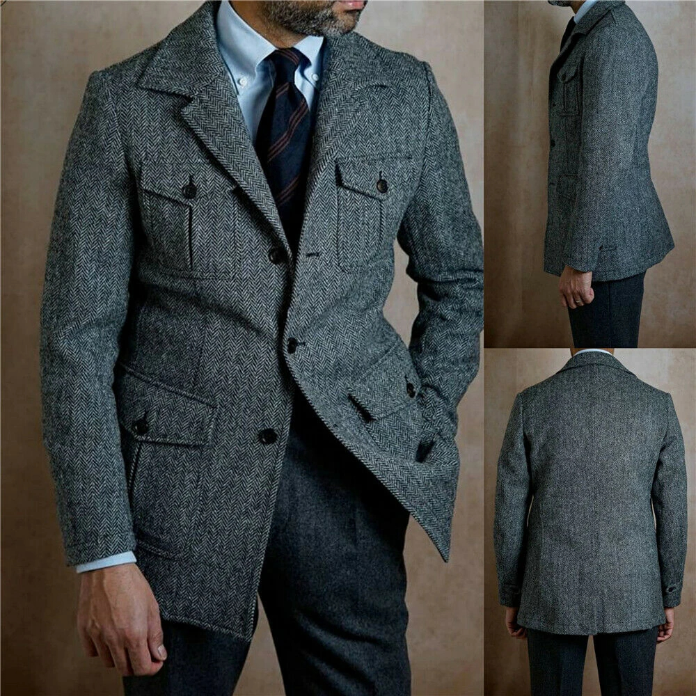 Men Tweed Groom Tuxedos Wedding Jacket Prom Evening Winter Warm Wear One Piece Blazer